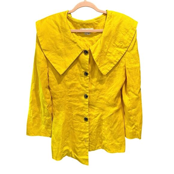 Vintage Bright Yellow 100% Linen Asymmetrical Button Blazer Peter Pan Collar - Picture 2 of 9